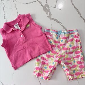Little Me | Infant Girls Sleeveless Polo Shirt Fish Print Pants Summer Outfit